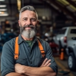 Middle aged man with greying beard with his arms folded, working in a mechanic shop