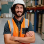 Worker in hi viz vest and hard hat