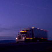Transport truck driving at night