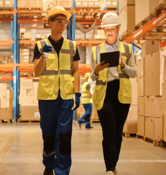 Workers in warehouse with checklist