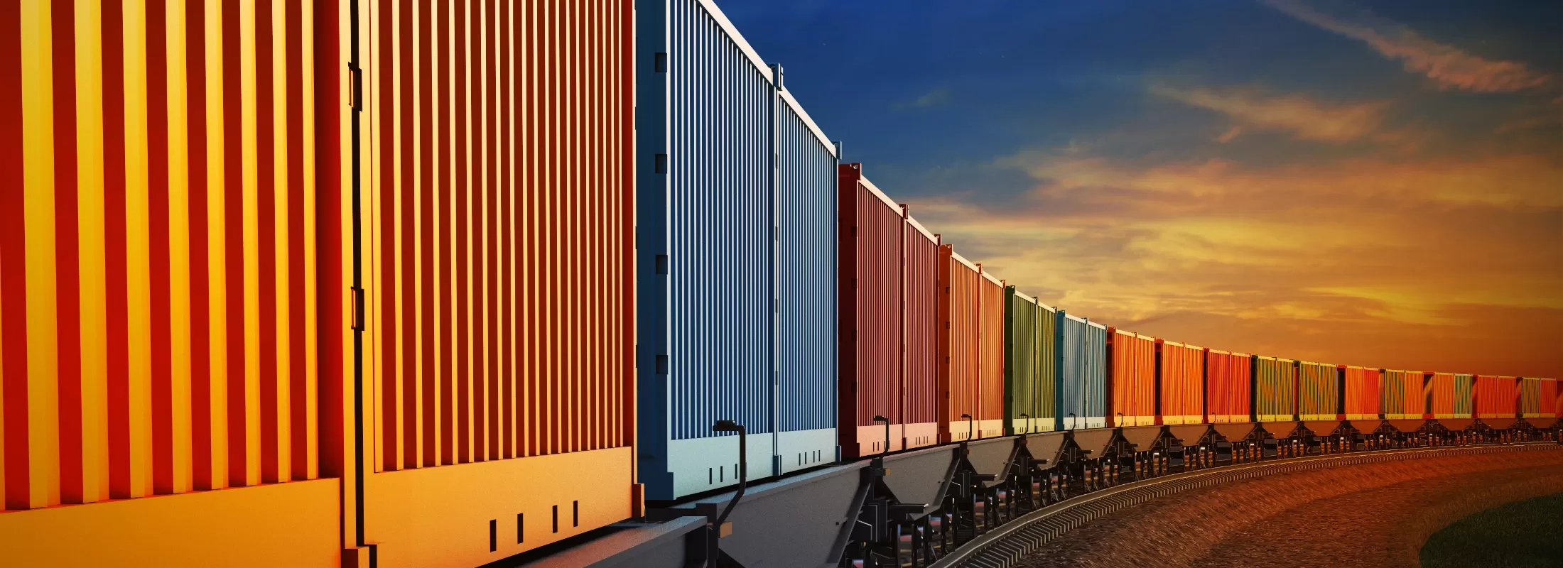 Multi coloured freight train containers on train