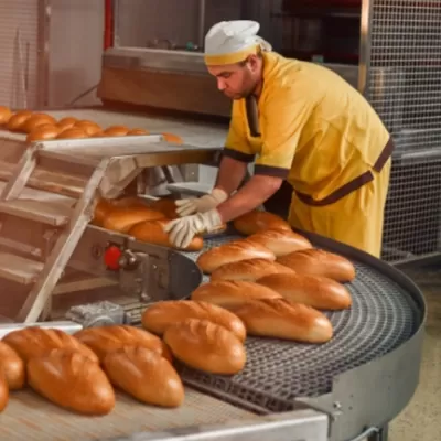 Worker in a bakery checking bread