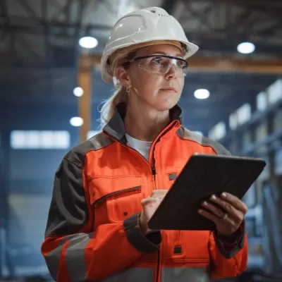 Female worker wearing hi-vis and a hard hat doing a warehouse inspection